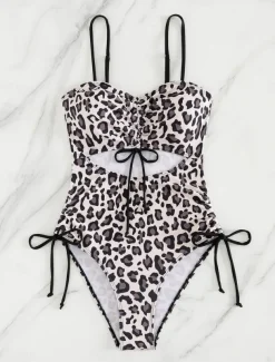 Women's Swimwear One Piece Monokini Swimsuit Backless Tummy Control High Waist Slim Vacation Beach Wear Leopard V Neck Sleeveless Bathing Suits