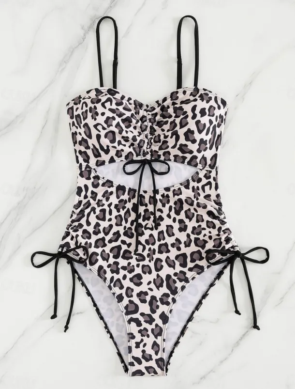 Women's Swimwear One Piece Monokini Swimsuit Backless Tummy Control High Waist Slim Vacation Beach Wear Leopard V Neck Sleeveless Bathing Suits
