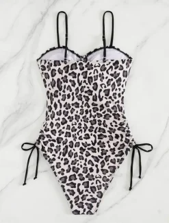 Women's Swimwear One Piece Monokini Swimsuit Backless Tummy Control High Waist Slim Vacation Beach Wear Leopard V Neck Sleeveless Bathing Suits