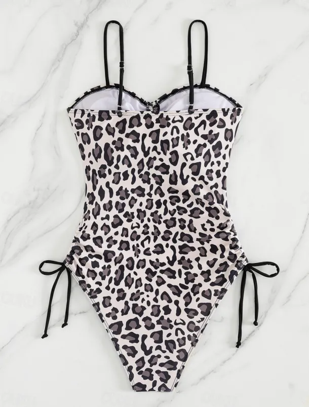 Women's Swimwear One Piece Monokini Swimsuit Backless Tummy Control High Waist Slim Vacation Beach Wear Leopard V Neck Sleeveless Bathing Suits