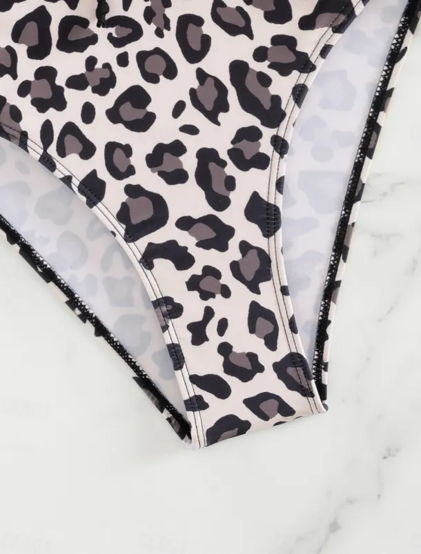 Women's Swimwear One Piece Monokini Swimsuit Backless Tummy Control High Waist Slim Vacation Beach Wear Leopard V Neck Sleeveless Bathing Suits