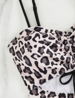 Women's Swimwear One Piece Monokini Swimsuit Backless Tummy Control High Waist Slim Vacation Beach Wear Leopard V Neck Sleeveless Bathing Suits