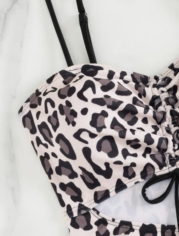 Women's Swimwear One Piece Monokini Swimsuit Backless Tummy Control High Waist Slim Vacation Beach Wear Leopard V Neck Sleeveless Bathing Suits