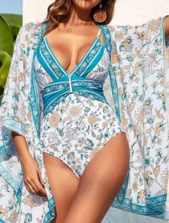Women's Swimwear One Piece 2 Piece Monokini wrap Swimsuit Backless Tummy Control High Waist Slim Vacation Beach Wear Floral V Neck Sleeveless Bathing Suits
