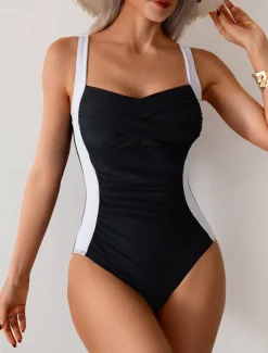 Women's Swimwear One Piece Swimsuit Backless Tummy Control High Waist Slim Vacation Beach Wear Color Block U Neck Sleeveless Bathing Suits