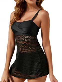 Women's Swimwear Swimdresses 2 Piece Tankini Swimsuit Mesh Backless High Waist Vacation Beach Wear Solid Color Sleeveless Bathing Suits