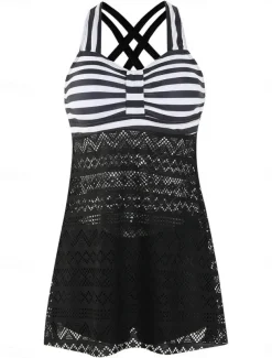 Women's Swimwear Swimdresses 2 Piece Tankini Swimsuit Backless High Waist Vacation Beach Wear Stripe Halter Neck Sleeveless Bathing Suits