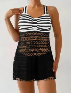 Women's Swimwear Swimdresses 2 Piece Tankini Swimsuit Backless High Waist Vacation Beach Wear Stripe Halter Neck Sleeveless Bathing Suits