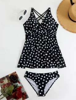 Women's Swimwear Swimdresses 2 Piece Cheeky Tankini Swimsuit Backless High Waist Vacation Beach Wear Polka Dot V Neck Sleeveless Bathing Suits