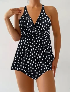 Women's Swimwear Swimdresses 2 Piece Cheeky Tankini Swimsuit Backless High Waist Vacation Beach Wear Polka Dot V Neck Sleeveless Bathing Suits