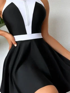 Women's Swimwear Swimdresses One Piece Tankini Swimsuit Tummy Control High Waist Slim Vacation Beach Wear Color Block Round Neck Sleeveless Bathing Suits