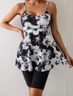 Women's Swimwear Swimdresses 2 Piece Tankini Swimsuit Backless Slim Vacation Beach Wear Floral U Neck Sleeveless Bathing Suits