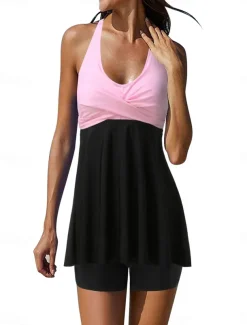 Women's Swimwear Swimdresses Swimsuit Backless Patchwork Elegant Fashion Color Block Halter Neck Sleeveless Bathing Suits