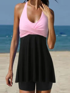 Women's Swimwear Swimdresses Swimsuit Backless Patchwork Elegant Fashion Color Block Halter Neck Sleeveless Bathing Suits