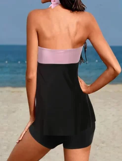 Women's Swimwear Swimdresses Swimsuit Backless Patchwork Elegant Fashion Color Block Halter Neck Sleeveless Bathing Suits