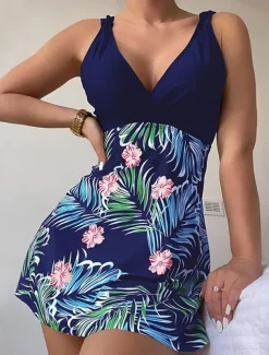 Women's Swimwear Swimdresses Tummy Control Tankini Swimsuit Backless Tummy Control High Waist Slim Vacation Beach Wear Graphic V Neck Sleeveless Bathing Suits