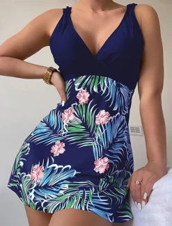 Women's Swimwear Swimdresses Tummy Control Tankini Swimsuit Backless Tummy Control High Waist Slim Vacation Beach Wear Graphic V Neck Sleeveless Bathing Suits