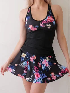 Women's Swimwear Swimdresses 2 Piece Tankini Skirt Swimsuit Backless Criss Cross Tummy Control High Waist Slim Vacation Beach Wear Floral U Neck Sleeveless Bathing Suits