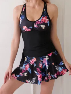 Women's Swimwear Swimdresses 2 Piece Tankini Skirt Swimsuit Backless Criss Cross Tummy Control High Waist Slim Vacation Beach Wear Floral U Neck Sleeveless Bathing Suits