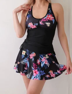 Women's Swimwear Swimdresses 2 Piece Tankini Skirt Swimsuit Backless Criss Cross Tummy Control High Waist Slim Vacation Beach Wear Floral U Neck Sleeveless Bathing Suits