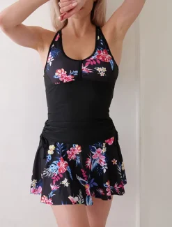 Women's Swimwear Swimdresses 2 Piece Tankini Skirt Swimsuit Backless Criss Cross Tummy Control High Waist Slim Vacation Beach Wear Floral U Neck Sleeveless Bathing Suits