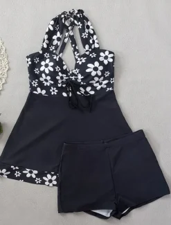 Women's Swimwear Swimdresses 2 Piece Tankini Swimsuit Backless Slim Vacation Beach Wear Floral Graphic Halter Neck Sleeveless Bathing Suits