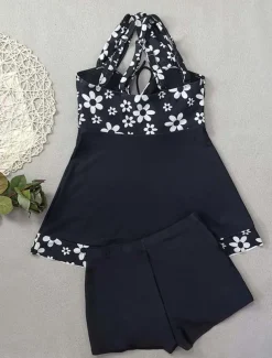 Women's Swimwear Swimdresses 2 Piece Tankini Swimsuit Backless Slim Vacation Beach Wear Floral Graphic Halter Neck Sleeveless Bathing Suits