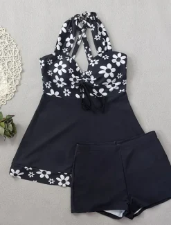 Women's Swimwear Swimdresses 2 Piece Tankini Swimsuit Backless Slim Vacation Beach Wear Floral Graphic Halter Neck Sleeveless Bathing Suits