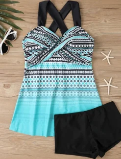 Women's Swimwear Swimdresses 2 Piece Tankini Swimsuit Backless High Waist Vacation Beach Wear Geometric V Neck Sleeveless Bathing Suits