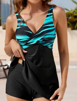 Women's Swimwear Swimdresses Tankini Swimsuit Backless High Waist Vacation Beach Wear Striped V Neck Sleeveless Bathing Suits