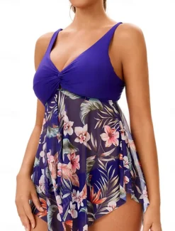 Women's Swimwear Swimdresses 2 Piece Cheeky Tankini Swimsuit Backless High Waist Vacation Beach Wear Floral Leaves V Neck Sleeveless Bathing Suits