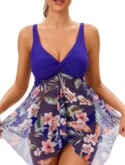Women's Swimwear Swimdresses 2 Piece Cheeky Tankini Swimsuit Backless High Waist Vacation Beach Wear Floral Leaves V Neck Sleeveless Bathing Suits