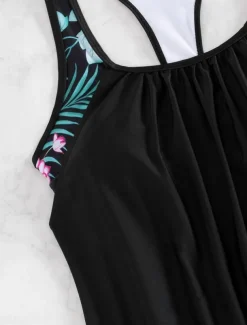 Women's Swimwear Tankini 2 Piece Shorts Swimsuit Backless Tummy Control High Waist Slim Vacation Beach Wear Floral Graphic U Neck Sleeveless Bathing Suits