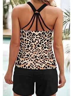Women's Swimwear Tankini 2 Piece Boy Leg Swimsuit Backless High Waist Vacation Beach Wear Leopard Halter Neck Sleeveless Bathing Suits