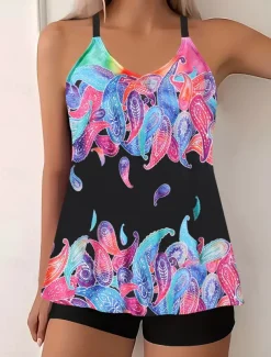 Women's Swimwear Tankini 2 Piece Boy Leg Swimsuit Backless High Waist Vacation Beach Wear Paisley V Neck Sleeveless Bathing Suits