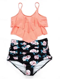 Women's Swimwear Tankini 2 Piece Briefs Swimsuit Backless High Waist Vacation Beach Wear Floral Round Neck Sleeveless Bathing Suits