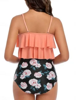 Women's Swimwear Tankini 2 Piece Briefs Swimsuit Backless High Waist Vacation Beach Wear Floral Round Neck Sleeveless Bathing Suits