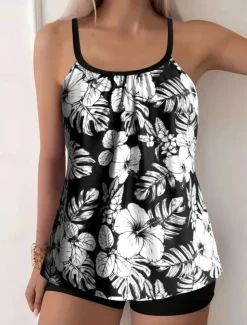 Women's Swimwear Tankini 2 Piece Boy Leg Swimsuit Backless High Waist Vacation Beach Wear Floral Leaves Round Neck Sleeveless Bathing Suits