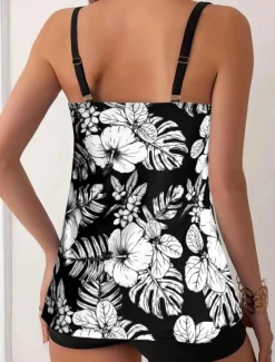 Women's Swimwear Tankini 2 Piece Boy Leg Swimsuit Backless High Waist Vacation Beach Wear Floral Leaves Round Neck Sleeveless Bathing Suits