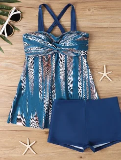 Women's Swimwear Tankini 2 Piece Boy Leg Swimsuit Backless High Waist Vacation Beach Wear Geometric V Neck Sleeveless Bathing Suits