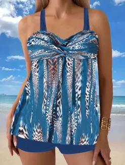 Women's Swimwear Tankini 2 Piece Boy Leg Swimsuit Backless High Waist Vacation Beach Wear Geometric V Neck Sleeveless Bathing Suits