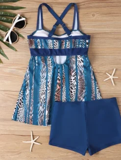 Women's Swimwear Tankini 2 Piece Boy Leg Swimsuit Backless High Waist Vacation Beach Wear Geometric V Neck Sleeveless Bathing Suits