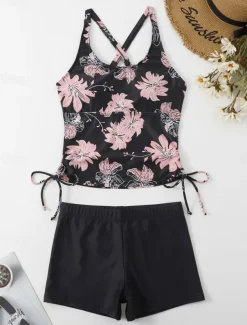 Women's Swimwear Tankini 2 Piece Boy Leg Swimsuit Backless Drawstring High Waist Vacation Beach Wear Floral U Neck Sleeveless Bathing Suits