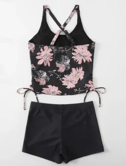 Women's Swimwear Tankini 2 Piece Boy Leg Swimsuit Backless Drawstring High Waist Vacation Beach Wear Floral U Neck Sleeveless Bathing Suits