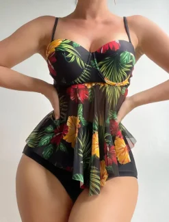 Women's Swimwear Tankini 2 Piece Cheeky Swimsuit Backless High Waist Vacation Beach Wear Leaves V Neck Sleeveless Bathing Suits