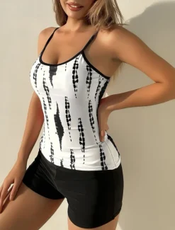 Women's Swimwear Tankini 2 Piece Boy Leg Swimsuit Backless High Waist Vacation Beach Wear Graphic Round Neck Sleeveless Bathing Suits