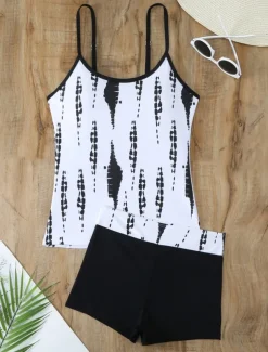 Women's Swimwear Tankini 2 Piece Boy Leg Swimsuit Backless High Waist Vacation Beach Wear Graphic Round Neck Sleeveless Bathing Suits