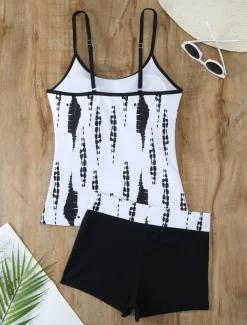 Women's Swimwear Tankini 2 Piece Boy Leg Swimsuit Backless High Waist Vacation Beach Wear Graphic Round Neck Sleeveless Bathing Suits