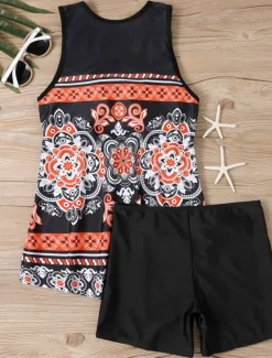 Women's Swimwear Tankini 2 Piece Boy Leg Swimsuit Backless High Waist Vacation Beach Wear Floral V Neck Sleeveless Bathing Suits