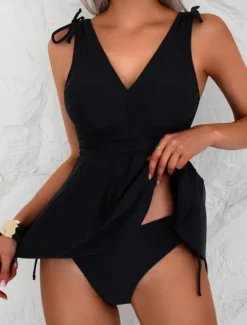Women's Swimwear Tankini 2 Piece Cheeky Swimsuit Backless High Waist Vacation Beach Wear Solid Color V Neck Sleeveless Bathing Suits